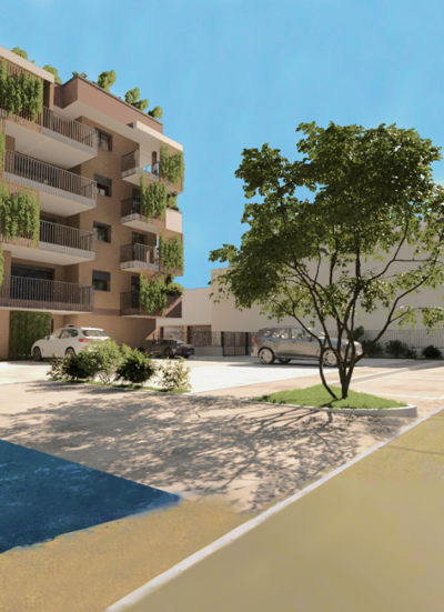 Rendering del complesso Carnago 2.0 Living Center nel contesto del paese di Carnago, che rispecchia il risultato finale