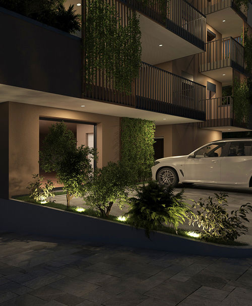 Rendering del dettaglio dei box macchina esterni visti di notte