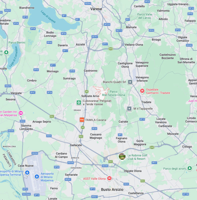 Mappa di Carnago vista dall’alto con i punti di riferimento più importanti in risalto